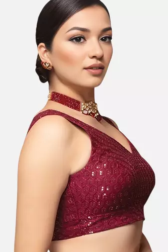 Maroon sleeveless v-neck sequin embellished art silk readymade saree blouse