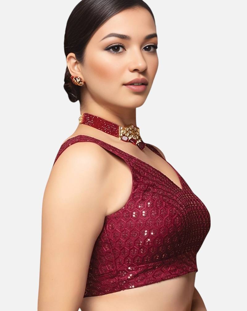 Maroon sleeveless v-neck sequin embellished art silk readymade saree blouse