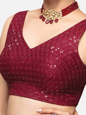 Maroon sleeveless v-neck sequin embellished art silk readymade saree blouse 5