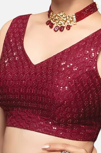 Maroon sleeveless v-neck sequin embellished art silk readymade saree blouse