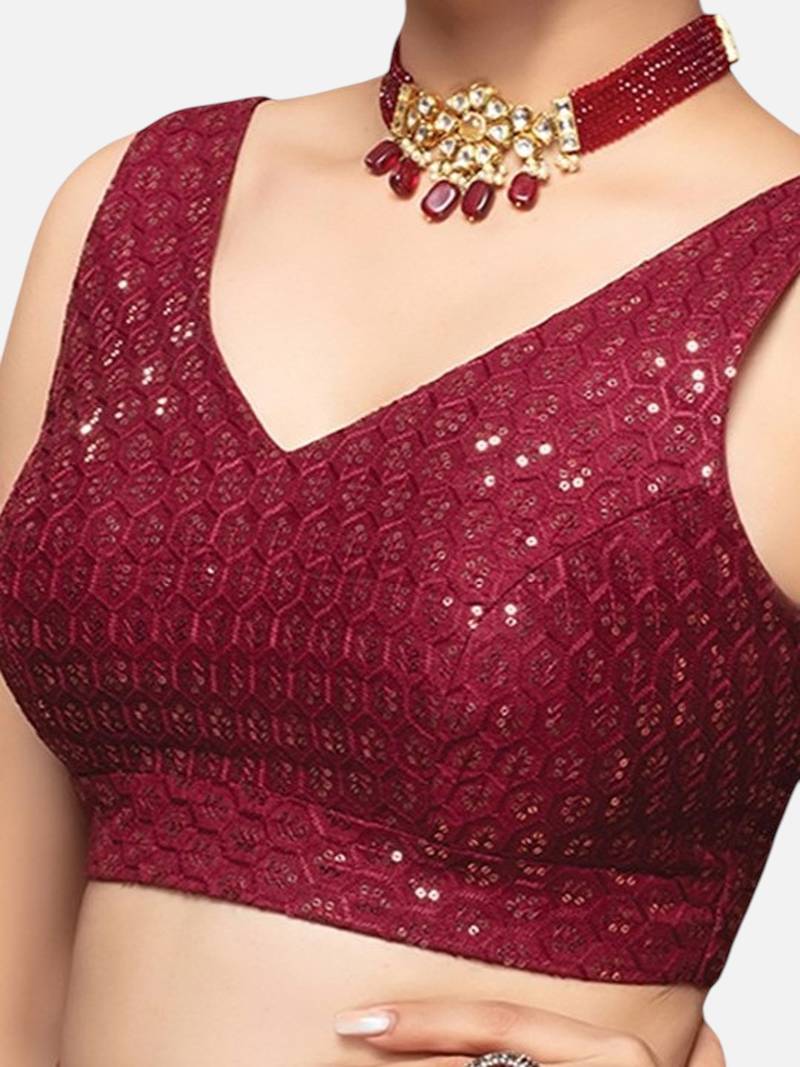 Maroon sleeveless v-neck sequin embellished art silk readymade saree blouse