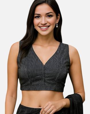 Black sleeveless v-neck striped cotton readymade saree blouse 1