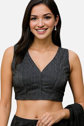 Black sleeveless v-neck striped cotton readymade saree blouse