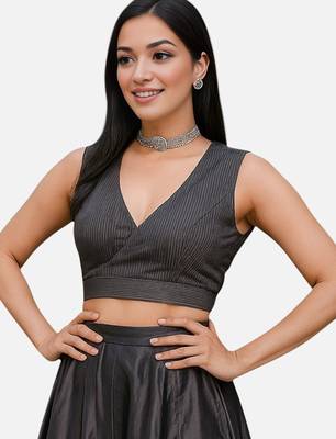 Black sleeveless v-neck striped cotton readymade saree blouse 3