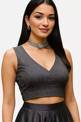 Black sleeveless v-neck striped cotton readymade saree blouse