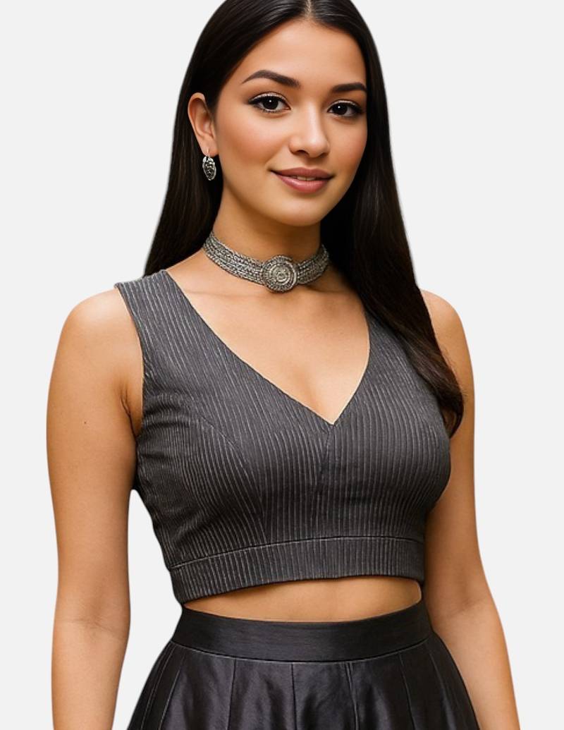 Black sleeveless v-neck striped cotton readymade saree blouse
