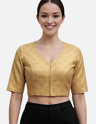 Gold brocade v-neck half sleeve readymade saree blouse 1