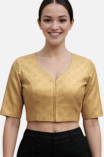 Gold brocade v-neck half sleeve readymade saree blouse