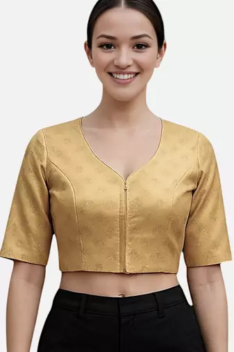 Gold brocade v-neck half sleeve readymade saree blouse