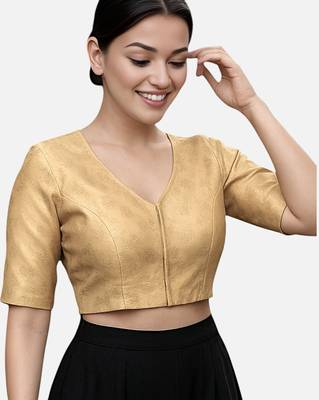 Gold brocade v-neck half sleeve readymade saree blouse 3