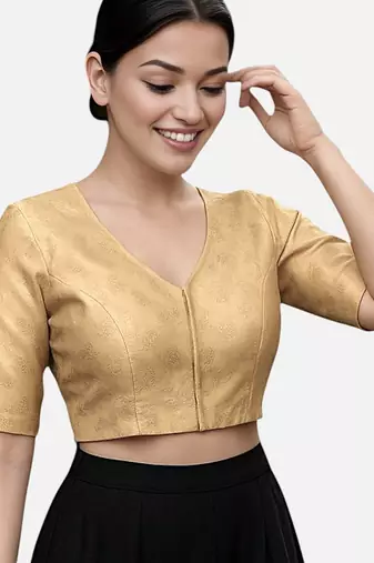 Gold brocade v-neck half sleeve readymade saree blouse