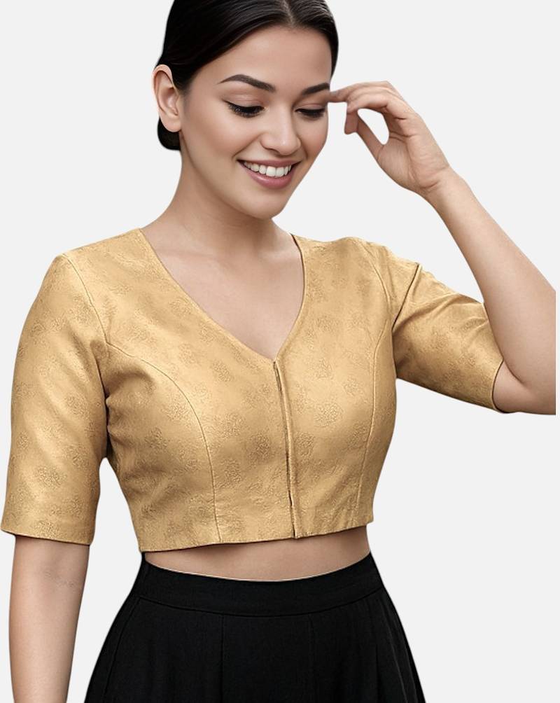 Gold brocade v-neck half sleeve readymade saree blouse