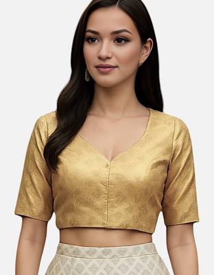 Gold brocade v-neck half sleeve readymade saree blouse 4