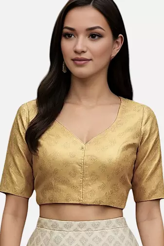 Gold brocade v-neck half sleeve readymade saree blouse