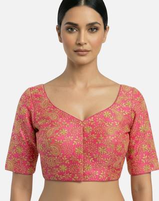 Pink brocade floral paisley half sleeve sweetheart neckline saree blouse 1