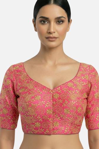 Pink brocade floral paisley half sleeve sweetheart neckline saree blouse