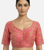 Pink brocade floral paisley half sleeve sweetheart neckline saree blouse