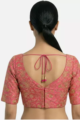 Pink brocade floral paisley half sleeve sweetheart neckline saree blouse