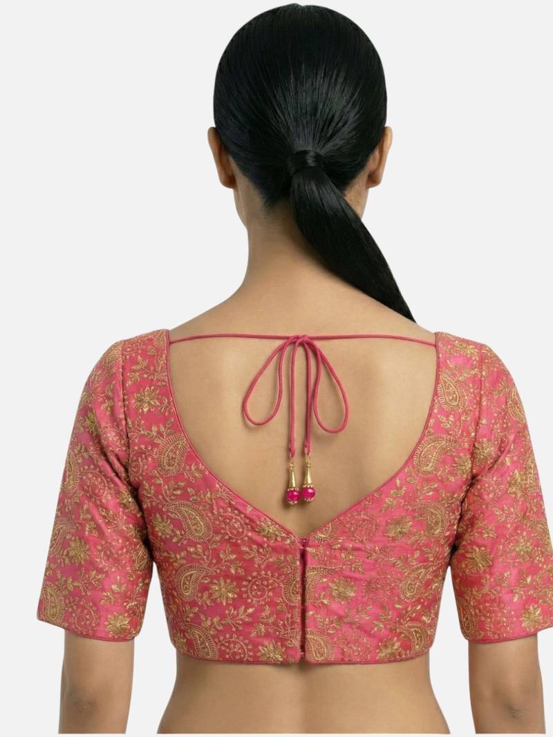 Pink brocade floral paisley half sleeve sweetheart neckline saree blouse