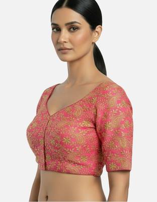 Pink brocade floral paisley half sleeve sweetheart neckline saree blouse 3