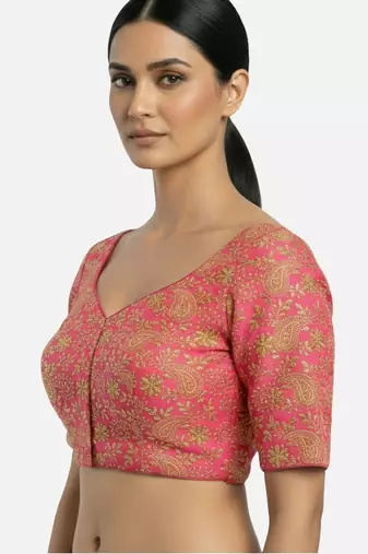 Pink brocade floral paisley half sleeve sweetheart neckline saree blouse