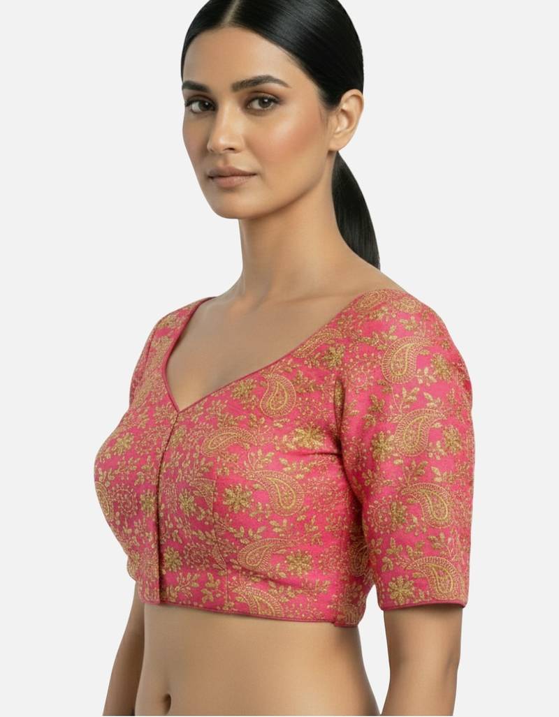Pink brocade floral paisley half sleeve sweetheart neckline saree blouse