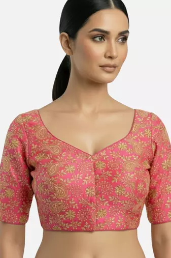 Pink brocade floral paisley half sleeve sweetheart neckline saree blouse