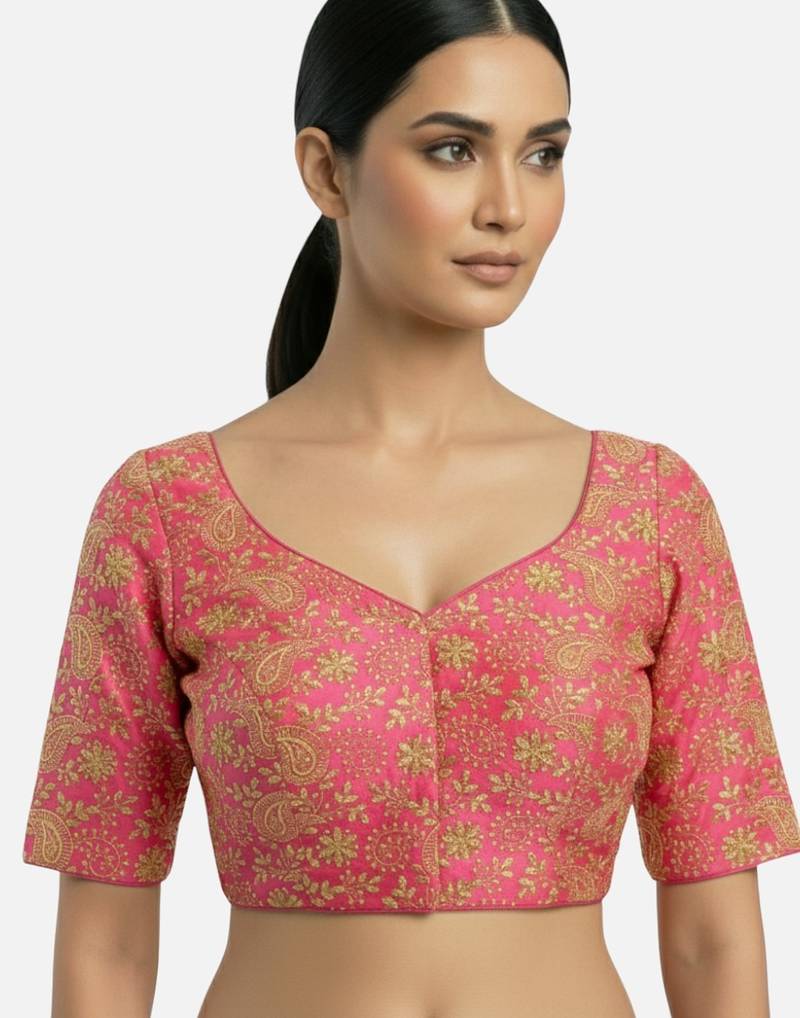 Pink brocade floral paisley half sleeve sweetheart neckline saree blouse