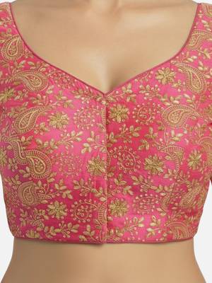 Pink brocade floral paisley half sleeve sweetheart neckline saree blouse 5