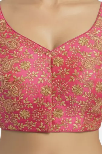 Pink brocade floral paisley half sleeve sweetheart neckline saree blouse