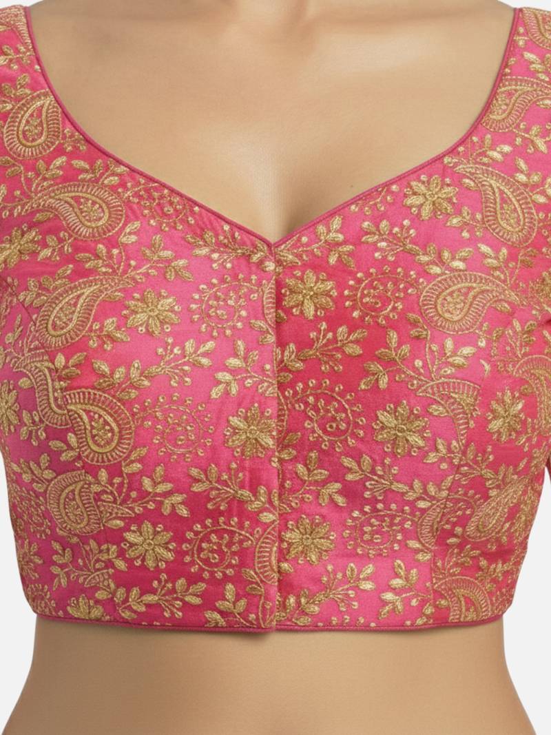 Pink brocade floral paisley half sleeve sweetheart neckline saree blouse