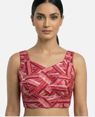 Pink embroidered v-neck geometric patterned designer saree blouse 1