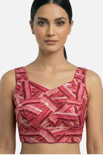 Pink embroidered v-neck geometric patterned designer saree blouse