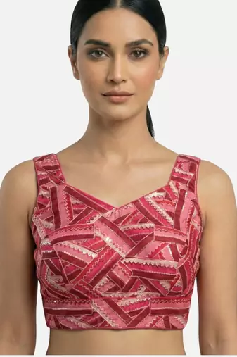 Pink embroidered v-neck geometric patterned designer saree blouse