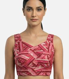 Pink embroidered v-neck geometric patterned designer saree blouse