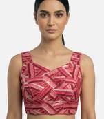 Pink embroidered v-neck geometric patterned designer saree blouse