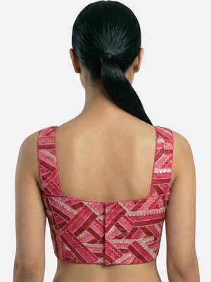 Pink embroidered v-neck geometric patterned designer saree blouse 2