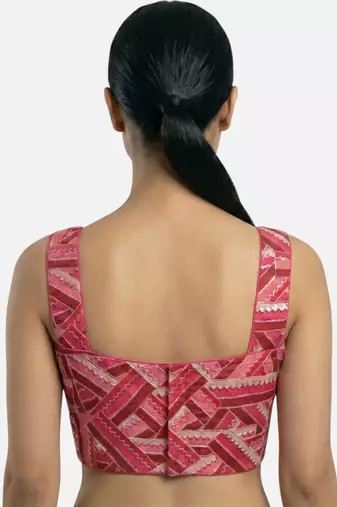 Pink embroidered v-neck geometric patterned designer saree blouse