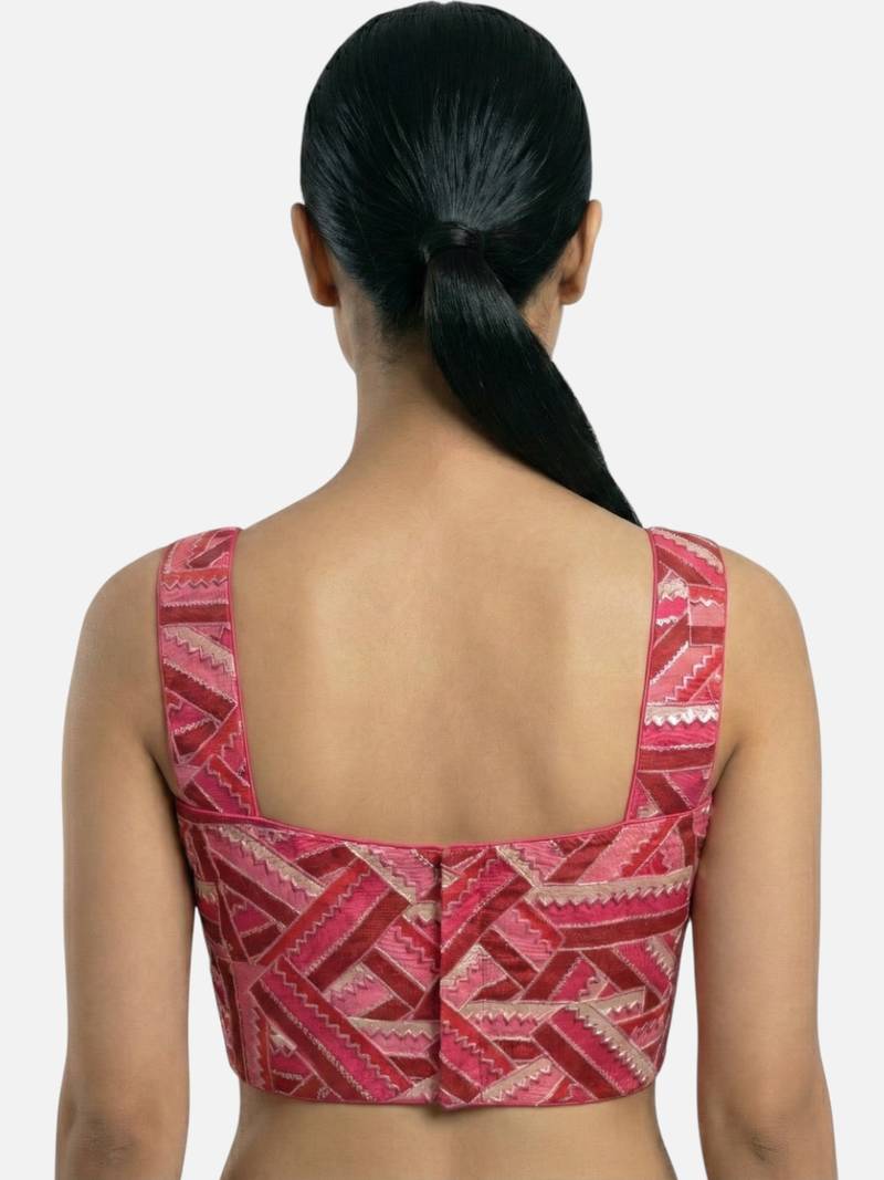 Pink embroidered v-neck geometric patterned designer saree blouse