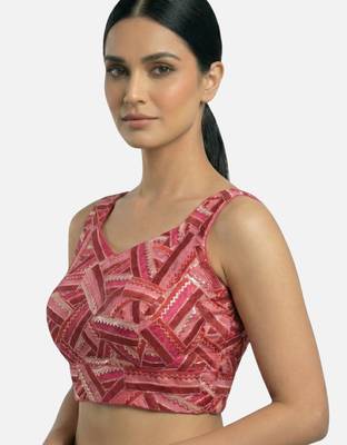 Pink embroidered v-neck geometric patterned designer saree blouse 3