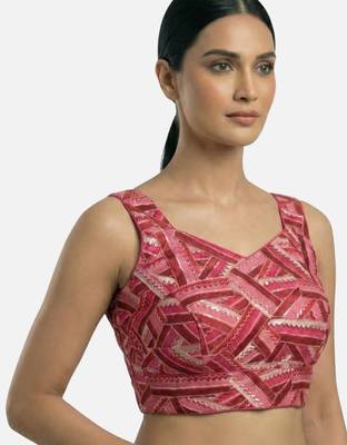 Pink embroidered v-neck geometric patterned designer saree blouse 4