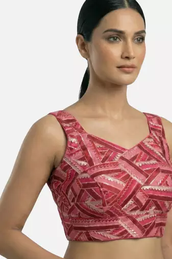 Pink embroidered v-neck geometric patterned designer saree blouse