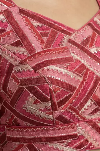 Pink embroidered v-neck geometric patterned designer saree blouse