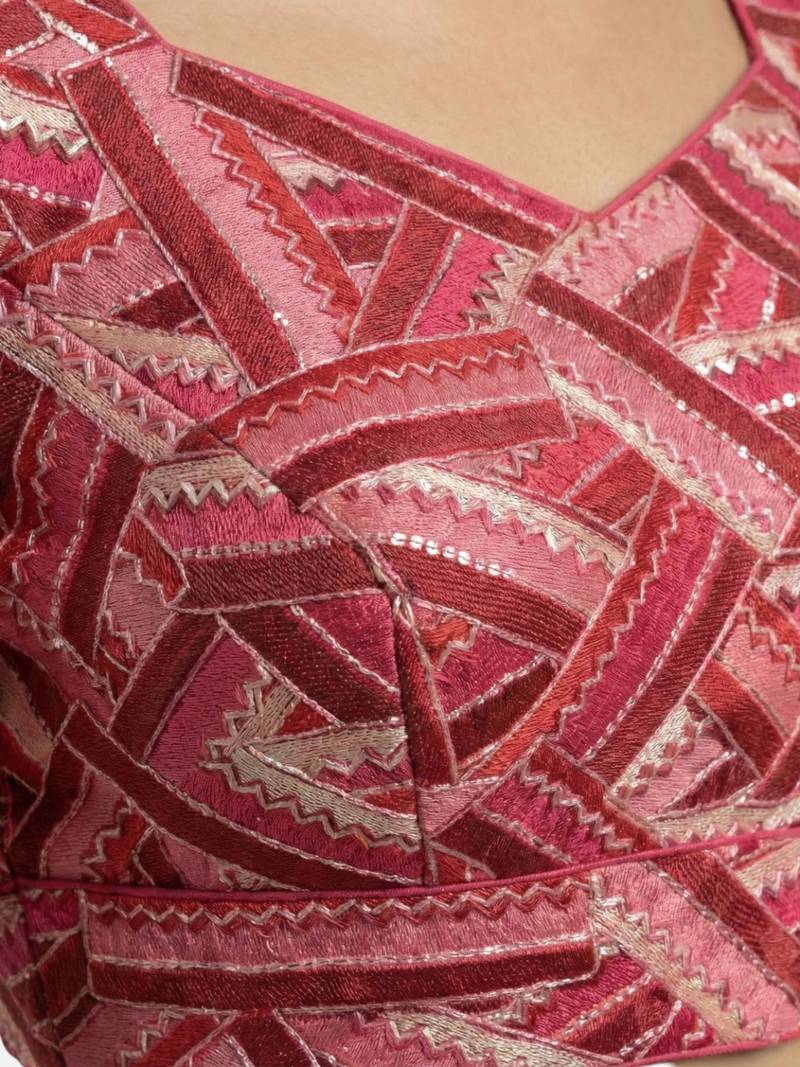 Pink embroidered v-neck geometric patterned designer saree blouse