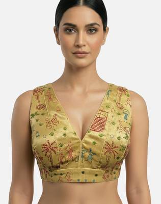 Golden warli art silk deep v neck sleeveless saree blouse 1