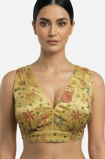 Golden warli art silk deep v neck sleeveless saree blouse