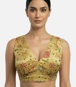Golden warli art silk deep v neck sleeveless saree blouse