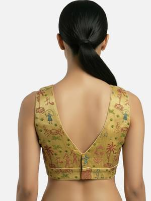 Golden warli art silk deep v neck sleeveless saree blouse 2