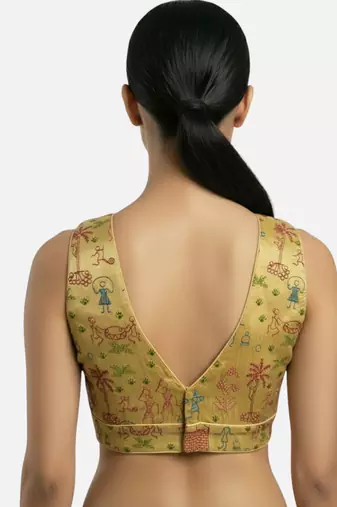 Golden warli art silk deep v neck sleeveless saree blouse
