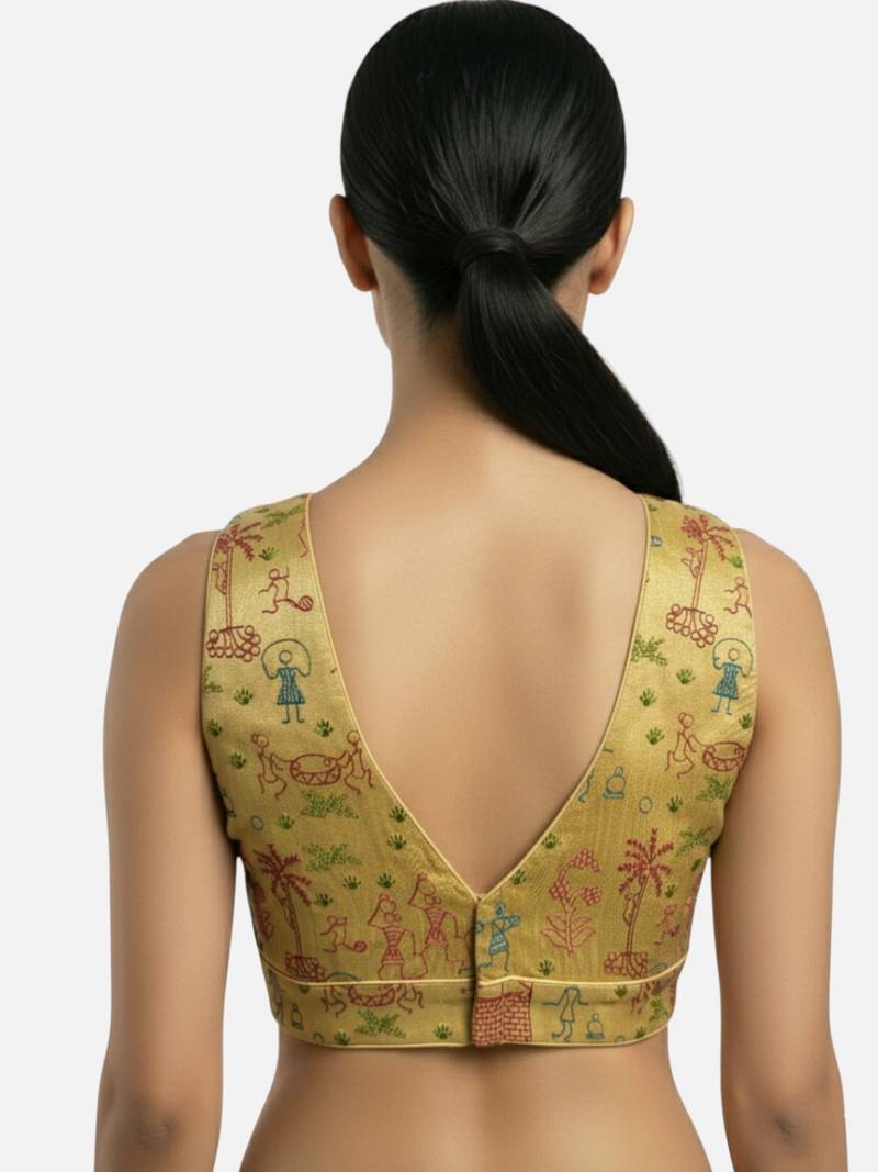 Golden warli art silk deep v neck sleeveless saree blouse